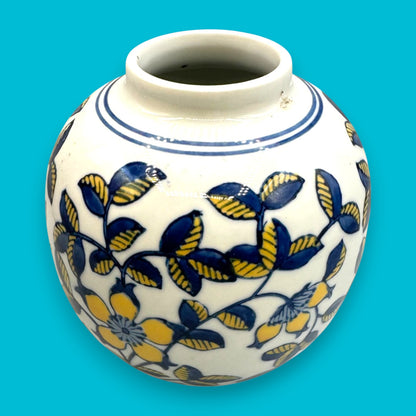 Vintage Hand-Glazed Chinese Floral Vase with Blue & Yellow Motif