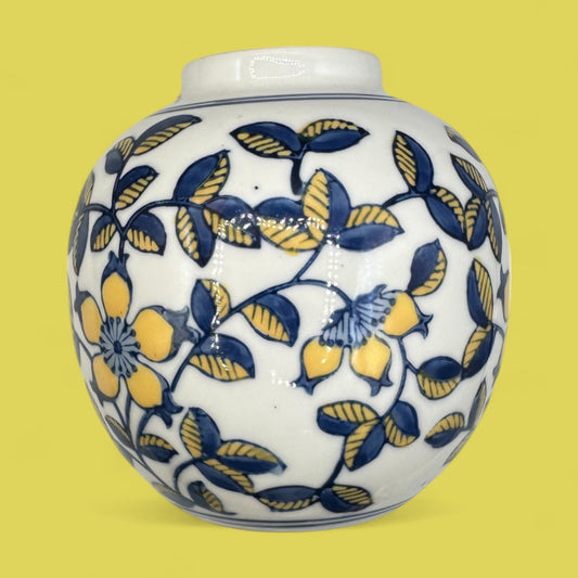 Vintage Hand-Glazed Chinese Floral Vase with Blue & Yellow Motif