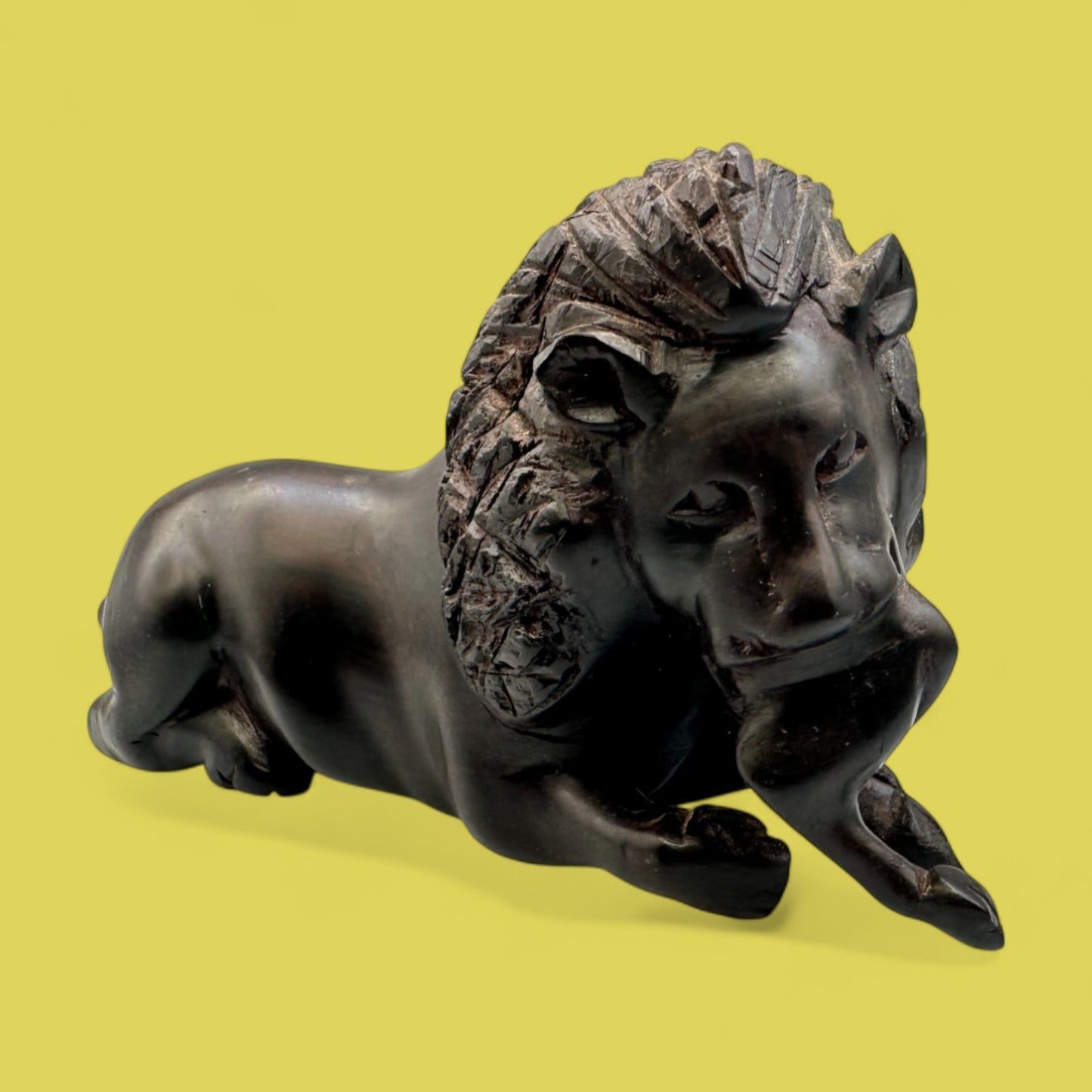 African Hand-Carved Ebony Lion with Prey Sculpture