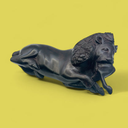 African Hand-Carved Ebony Lion with Prey Sculpture