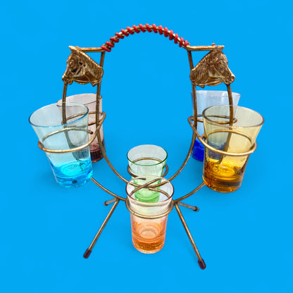 Vintage horseshoe shot glass holder – 6-glass western barware set