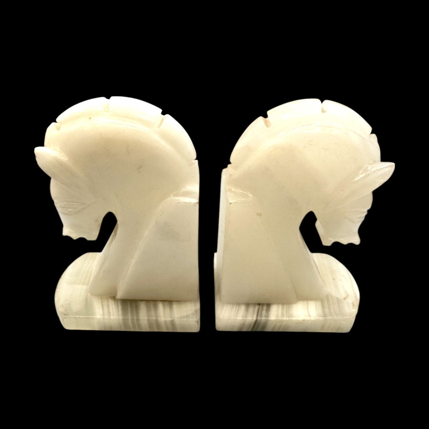Vintage Alabaster Horse Head Book Ends – Carved Stone, MCM Décor