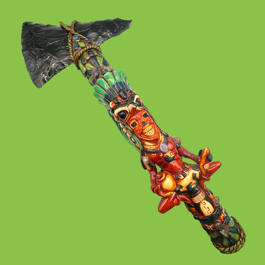 Handmade Mayan Obsidian Axe with Ornate Tribal Detailing – 24" Long