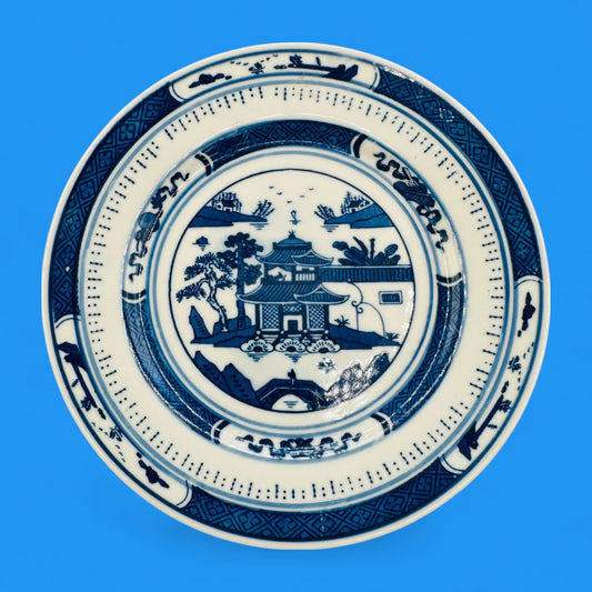 Vintage 7” Chinese Blue & White Porcelain Plate – Jingdezhen Pagoda Design