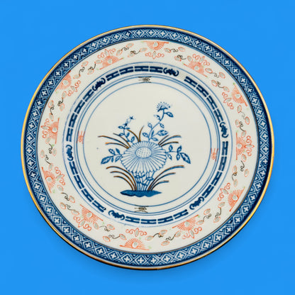 Vintage 10" Chinese Porcelain Plate with Blue Floral & Gold Trim