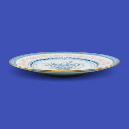 Vintage 9" Chinese Porcelain Plate with Blue Floral and Gold Rim
