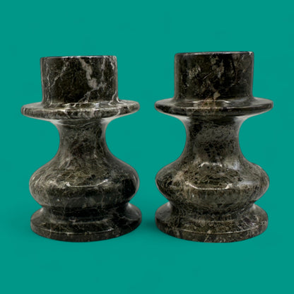 Pair of Handmade Grey/Green Marble Candle Holders – Stone Candle Holders