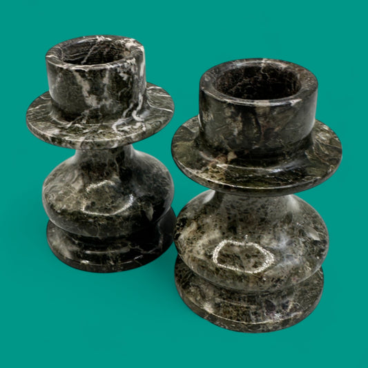 Pair of Handmade Grey/Green Marble Candle Holders – Stone Candle Holders