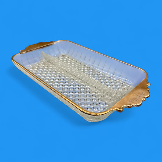 Vintage Glass Anchor Hocking Tray with Gold Trim & Hobnail Bottom