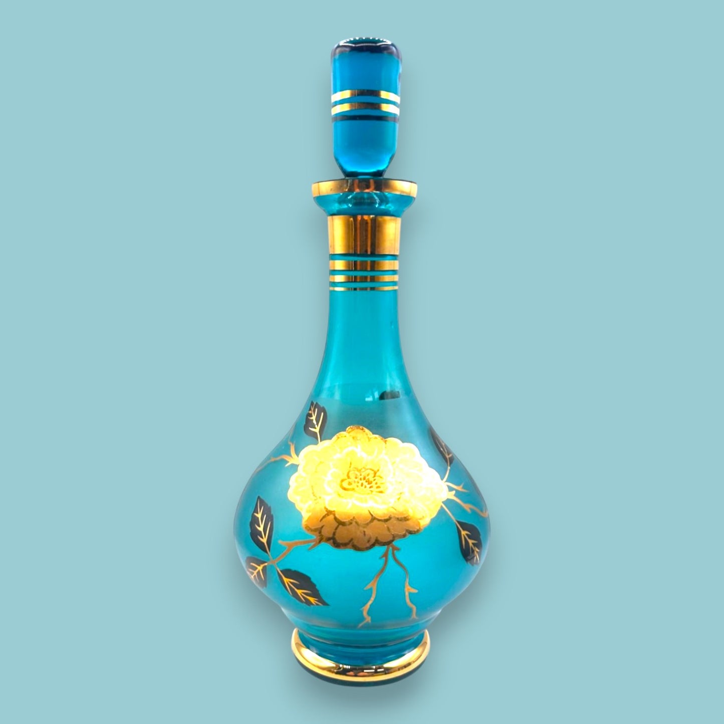 Vintage Blue Baccarat Style Decanter & Stemware Set - Floral Gold