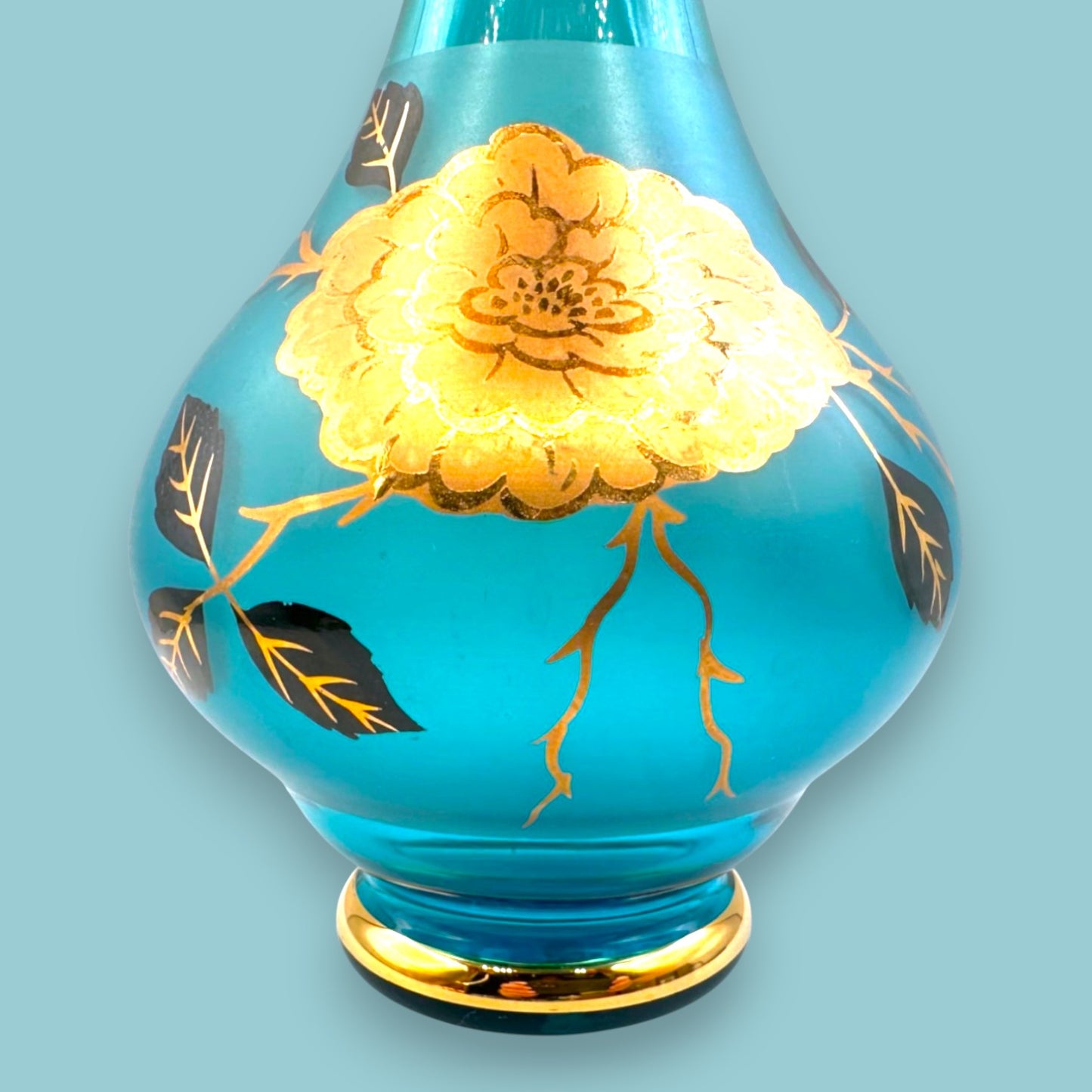 Vintage Blue Baccarat Style Decanter & Stemware Set - Floral Gold