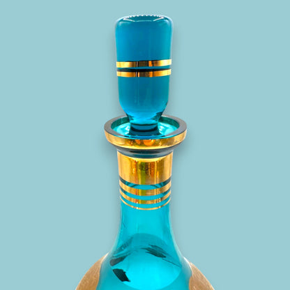 Vintage Blue Baccarat Style Decanter & Stemware Set - Floral Gold