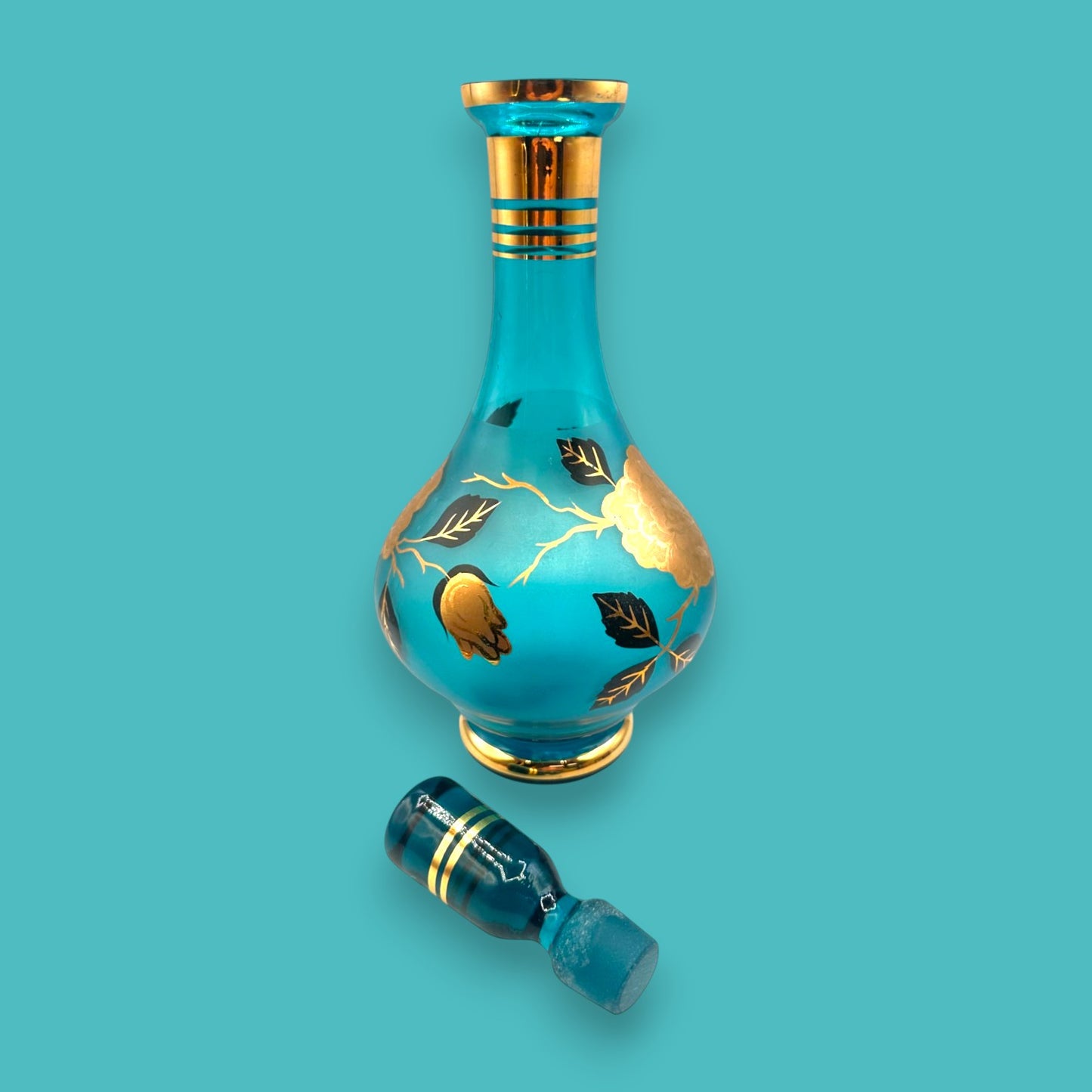 Vintage Blue Baccarat Style Decanter with Gold Filigree Design