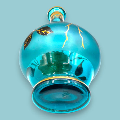 Vintage Blue Baccarat Style Decanter & Stemware Set - Floral Gold