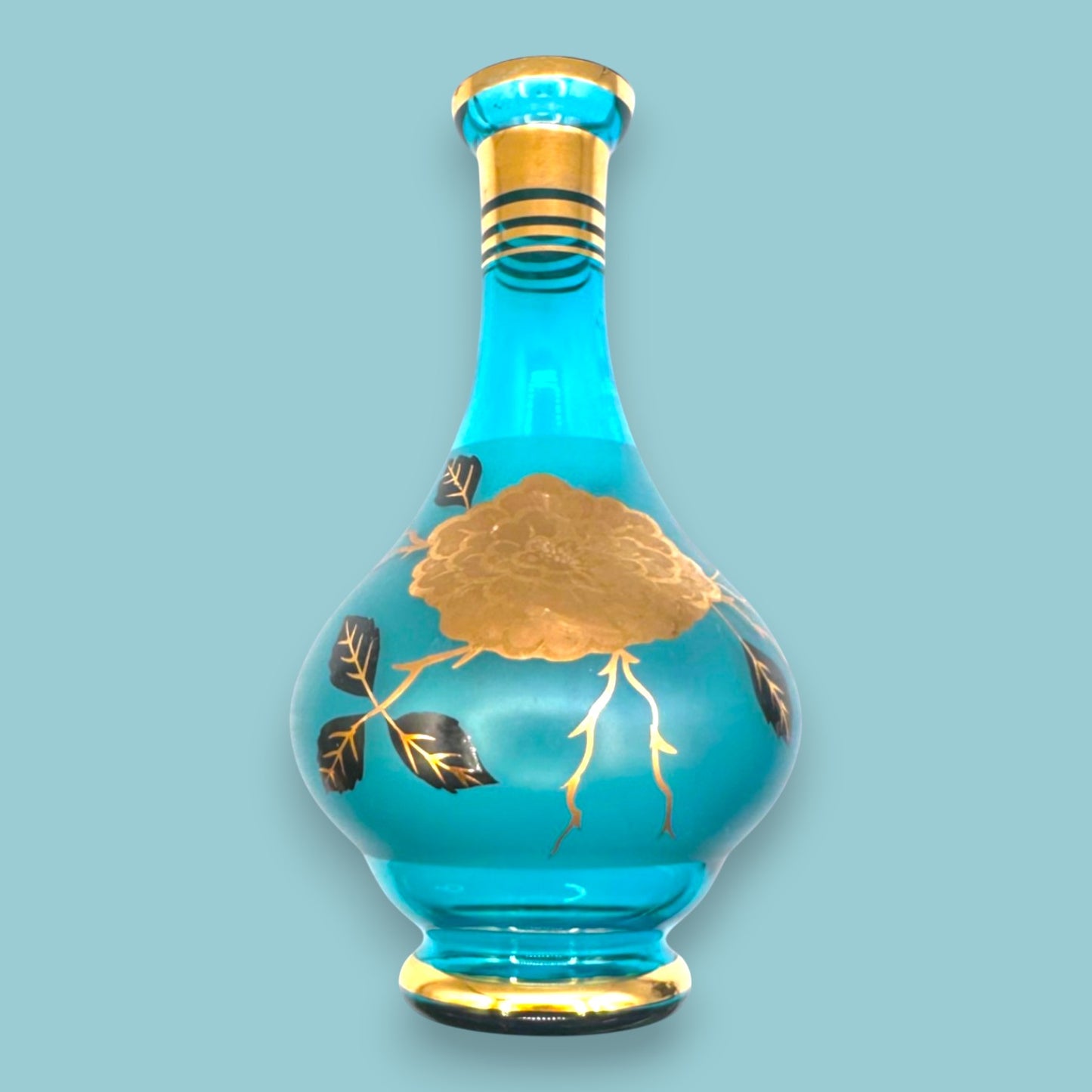 Vintage Blue Baccarat Style Decanter & Stemware Set - Floral Gold