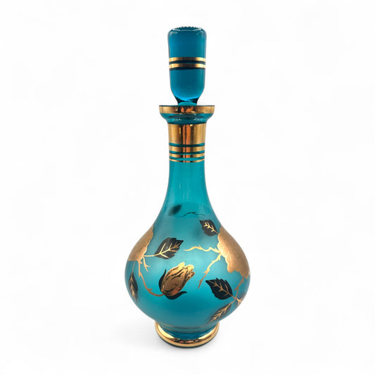 Vintage Blue Baccarat Style Decanter with Gold Filigree Design
