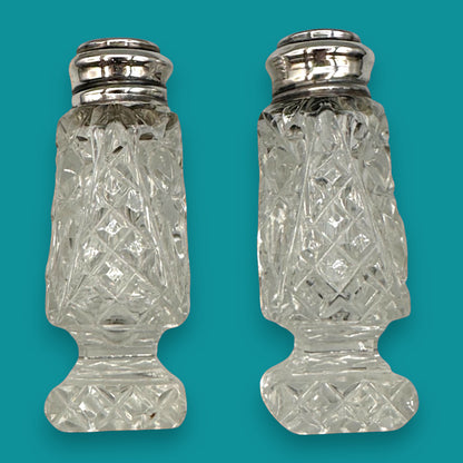 Crystal and Sterling Silver Cut Glass Salt and Pepper Shaker Set - Stamped 925 Sterling