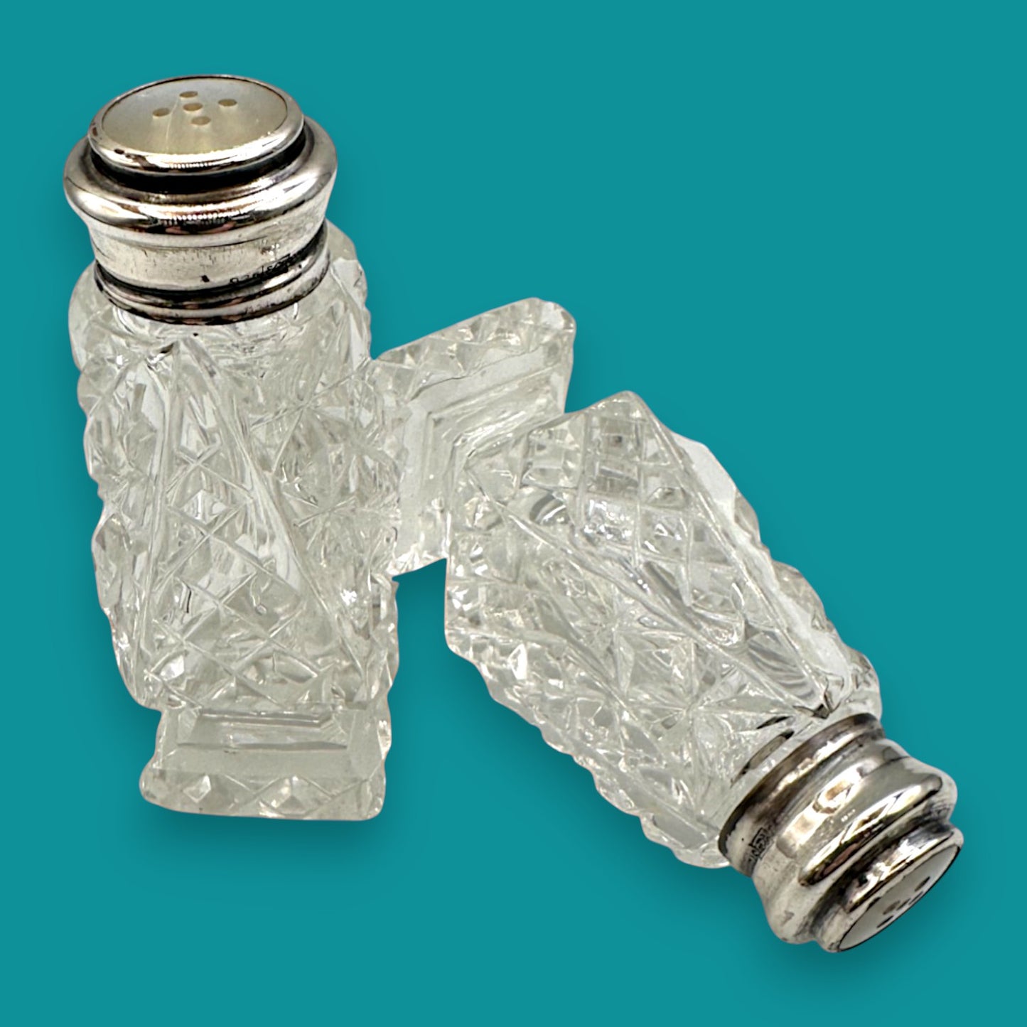 Crystal and Sterling Silver Cut Glass Salt and Pepper Shaker Set - Stamped 925 Sterling