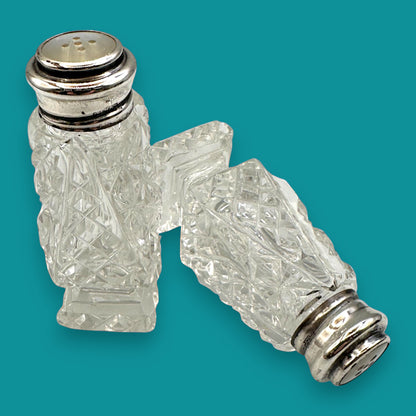 Crystal and Sterling Silver Cut Glass Salt and Pepper Shaker Set - Stamped 925 Sterling
