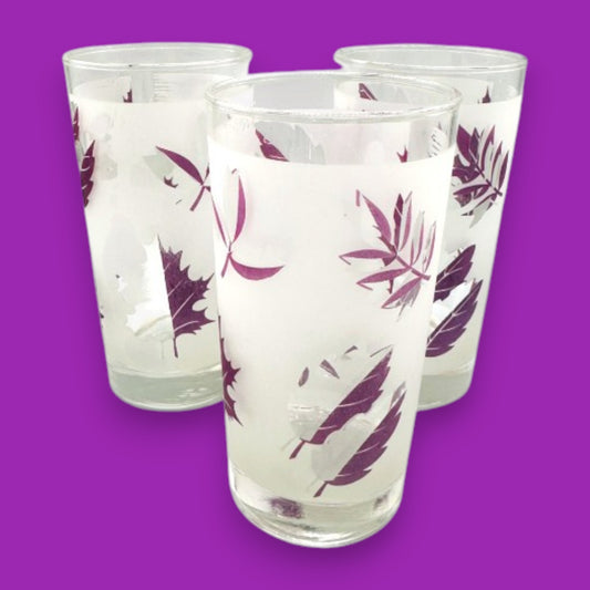 Libbey Purple Leaf Frosted Glass Tumblers Set of 3 Vintage Highball Glasses