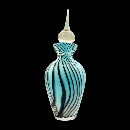 Vintage Art Glass Perfume Bottle Blue Black Swirl with Ornate Stopper