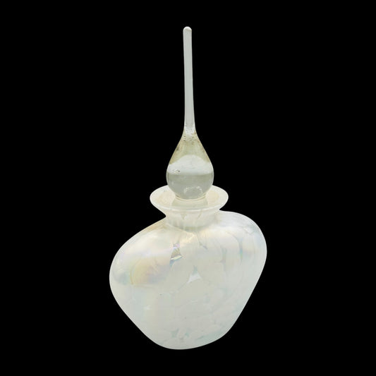 Vintage White Iridescent Perfume Bottle Art Deco Ornate Stopper Art Glass