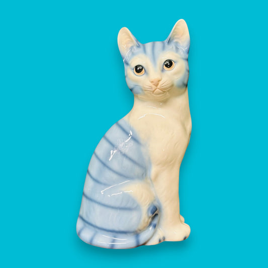 Vintage Royal Orleans Blue White Striped Tabby Cat Statue Ceramic Figurine