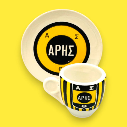 Vintage 1950s Espresso Set Yellow Black Greek Ares APHΣ Cup and Saucer