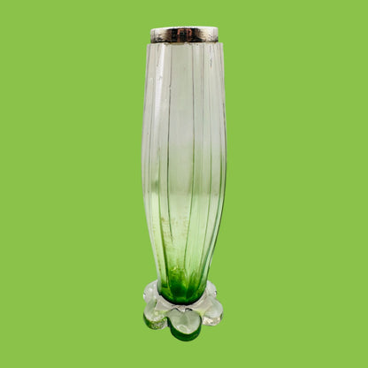 Vintage Green Glass Vase Art Deco Sterling Silver Rim