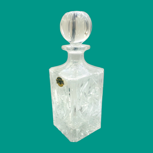 Vintage Crystal Whiskey Decanter – Mid-Century Rectangle Barware with Pinwheel Cut