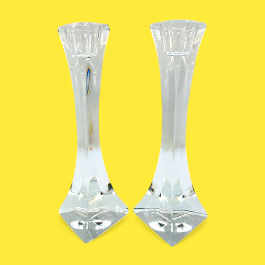 Vintage Thomas Webb Crystal Candlesticks – Triangular British Glass Pair