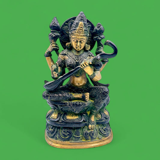 Vintage Brass Saraswati Statue – Hindu Goddess of Knowledge, Music, and Arts Figurine