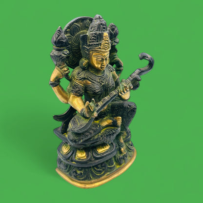 Vintage Brass Saraswati Statue – Hindu Goddess of Knowledge, Music, and Arts Figurine