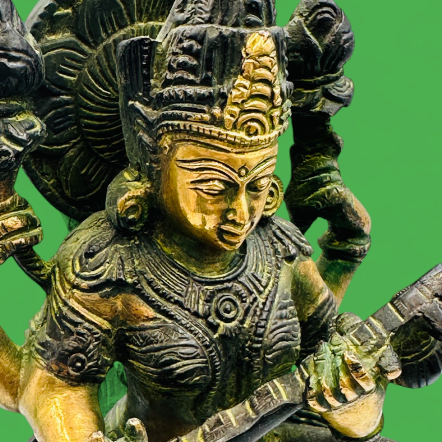 Vintage Brass Saraswati Statue – Hindu Goddess of Knowledge, Music, and Arts Figurine