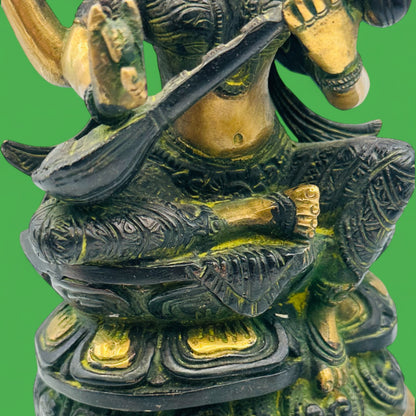 Vintage Brass Saraswati Statue – Hindu Goddess of Knowledge, Music, and Arts Figurine