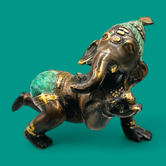 Vintage Brass Baby Ganesha Statue – Crawling Hindu Deity Figurine with Patina