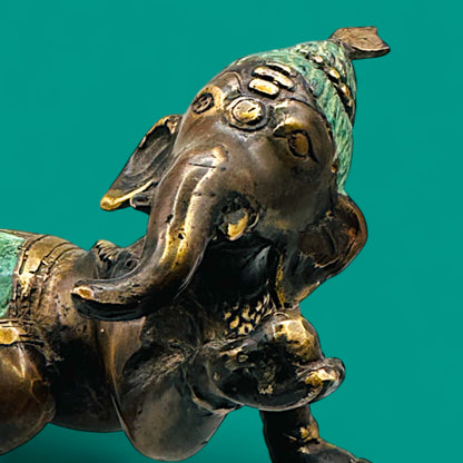 Vintage Brass Baby Ganesha Statue – Crawling Hindu Deity Figurine with Patina