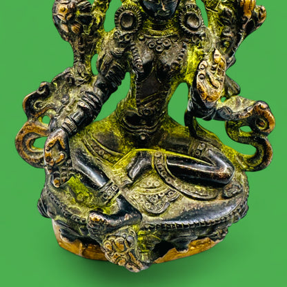 Vintage Brass Green Tara Statue – Seated Buddhist Deity Figurine with Patina