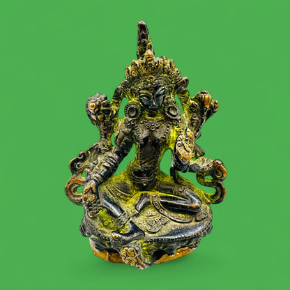 Vintage Brass Green Tara Statue – Seated Buddhist Deity Figurine with Patina