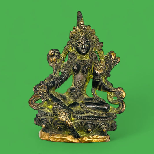 Vintage Brass Green Tara Statue – Seated Buddhist Deity Figurine with Patina