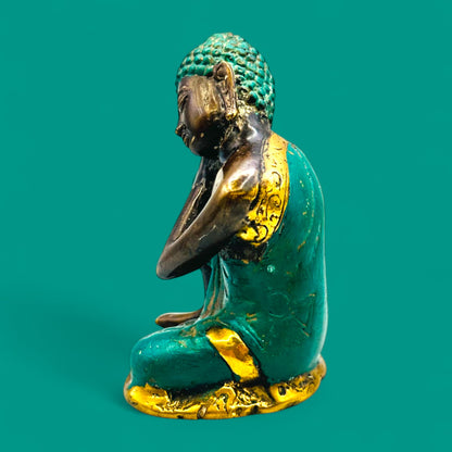 Vintage Brass Contemplating Buddha Statue – Meditative Royal Pensive Pose