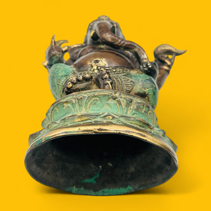 Vintage Brass Lord Ganesha Statue – Seated Hindu Deity Figurine with Patina