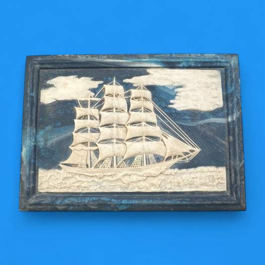 Vintage Nautical Jewelry Trinket Box – Incolay Stone Sailing Ship Design