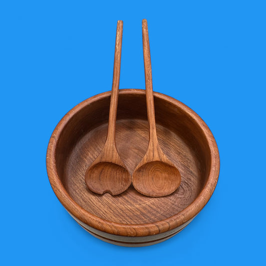 Vintage 1970s Carved Teak Wood Grooved Salad Bowl with Fork & Spoon