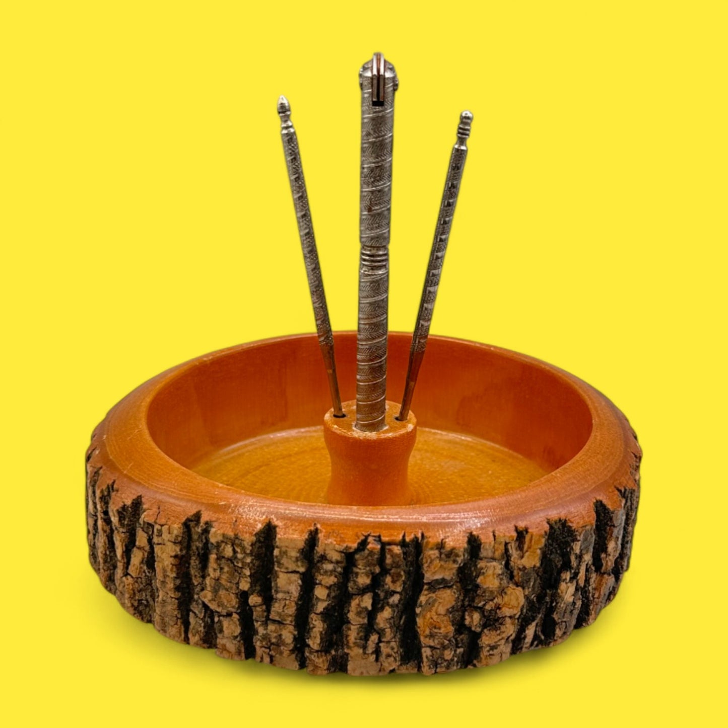 Vintage Live Edge Bark Nut Cracker Bowl Set – Mid-Century Modern Wooden Dish with Tools