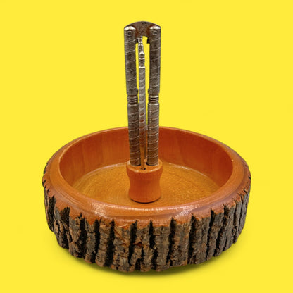 Vintage Live Edge Bark Nut Cracker Bowl Set – Mid-Century Modern Wooden Dish with Tools