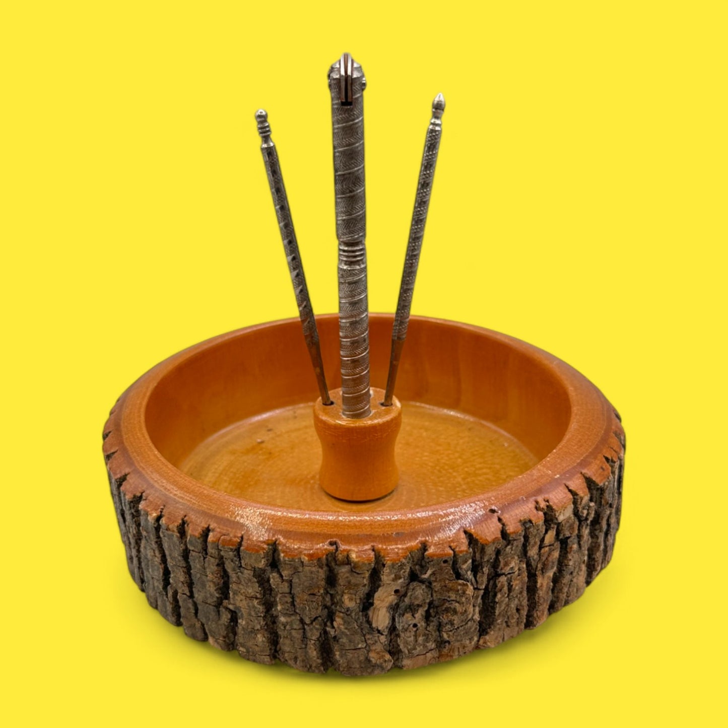Vintage Live Edge Bark Nut Cracker Bowl Set – Mid-Century Modern Wooden Dish with Tools