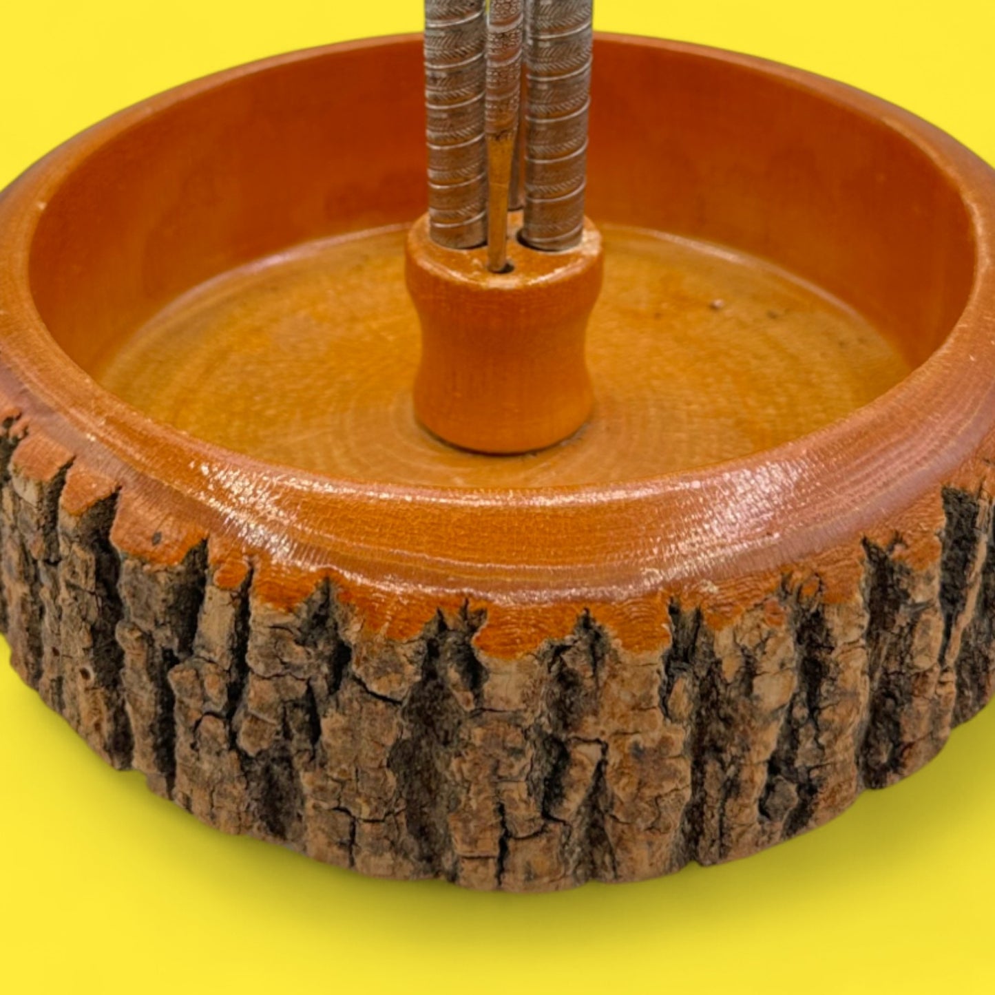 Vintage Live Edge Bark Nut Cracker Bowl Set – Mid-Century Modern Wooden Dish with Tools