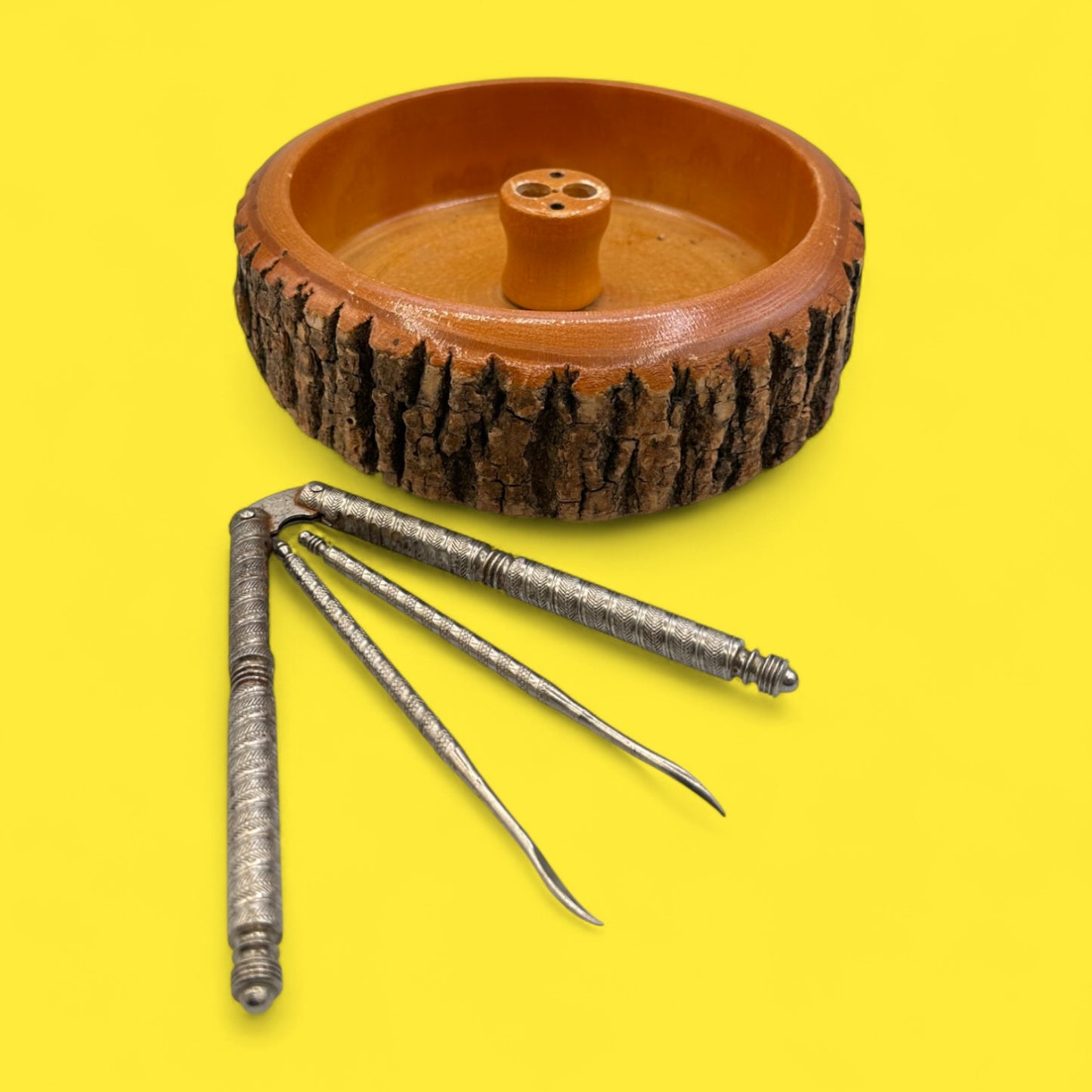 Vintage Live Edge Bark Nut Cracker Bowl Set – Mid-Century Modern Wooden Dish with Tools