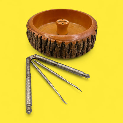 Vintage Live Edge Bark Nut Cracker Bowl Set – Mid-Century Modern Wooden Dish with Tools